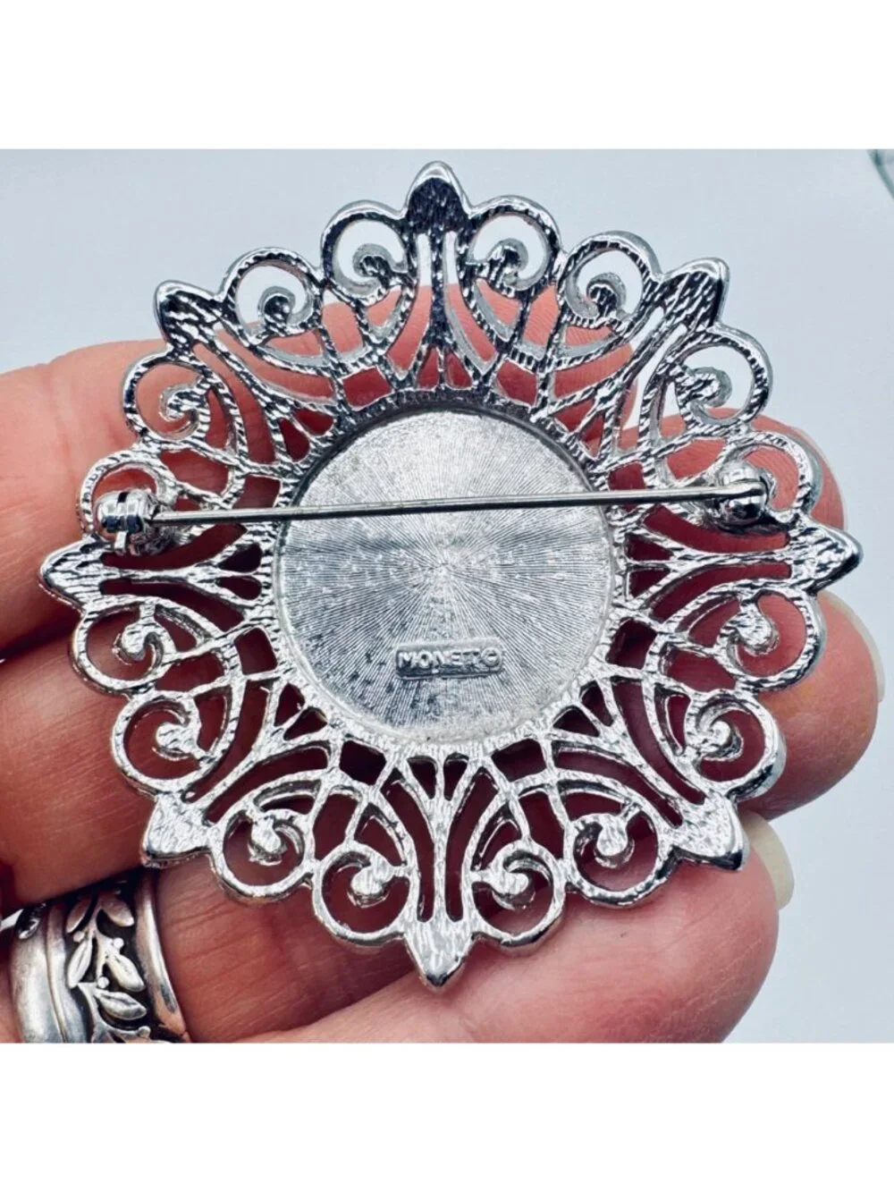 Vintage Monet Silver Tone Roman Revival Brooch Etched Bangle Dome Clip Earrings